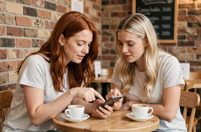 Deux jeunes mamans consultant ensemble des ressources parentales sur un smartphone dans un café