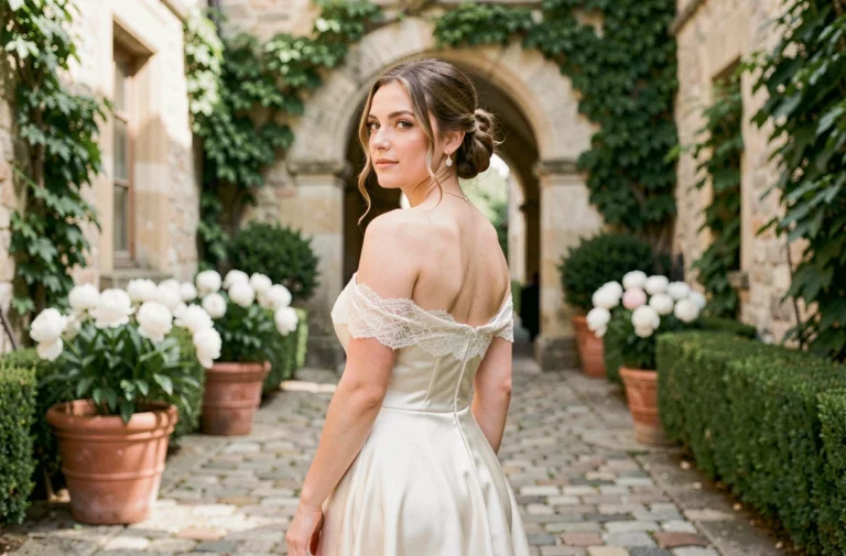 Mariée élégante en robe de soie ivoire dans la cour d'un château français ornée de pivoines blanches