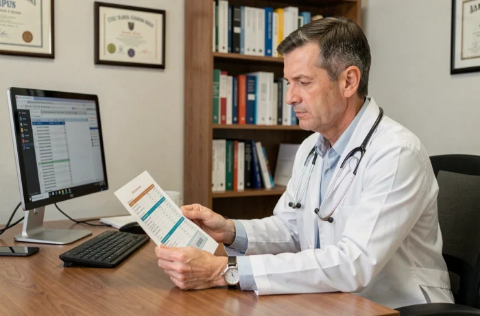 Médecin généraliste analysant les résultats d'un bilan lipidique avec un sérum opalescent