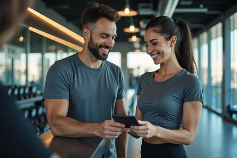 Deux membres Basic Fit souriants au comptoir d'accueil d'une salle de sport lors de l'inscription au programme de parrainage