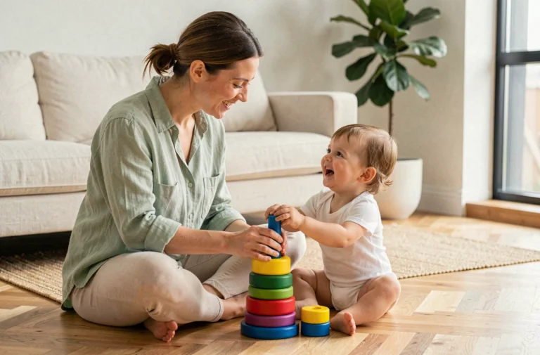 Mère et enfant en bas âge jouant ensemble sur le sol d'un salon moderne, illustrant les étapes de la parentalité