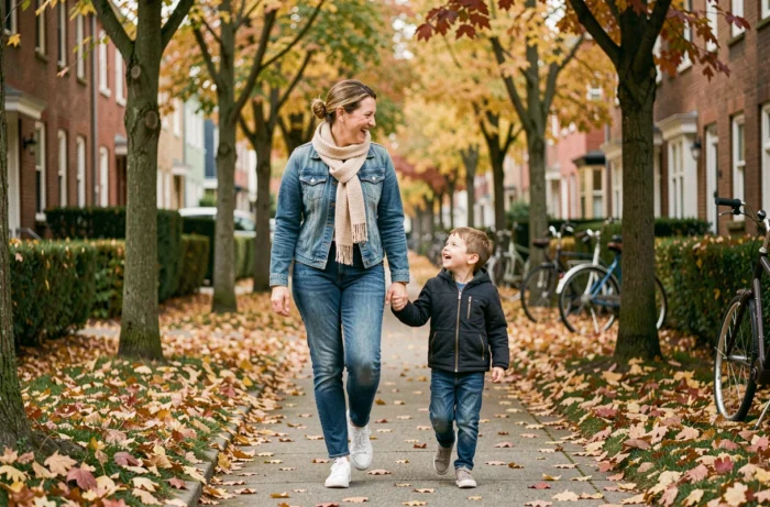 Mère et fils se promenant main dans la main sur un trottoir de banlieue en automne