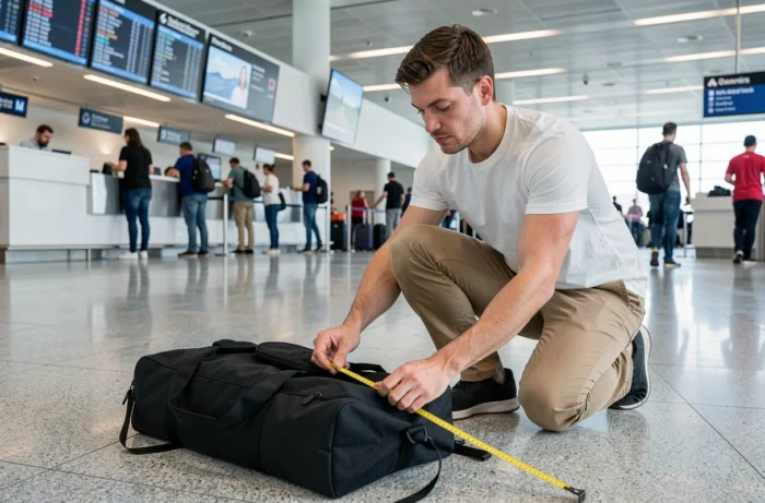 Voyageur mesurant les dimensions de son bagage cabine aux normes Transavia dans un aéroport