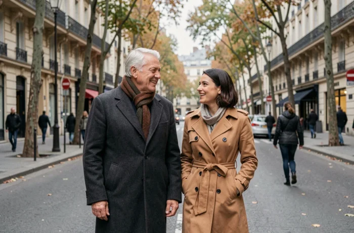 Michel Platini et Christelle Platini se promenant et conversant sur un boulevard parisien en automne