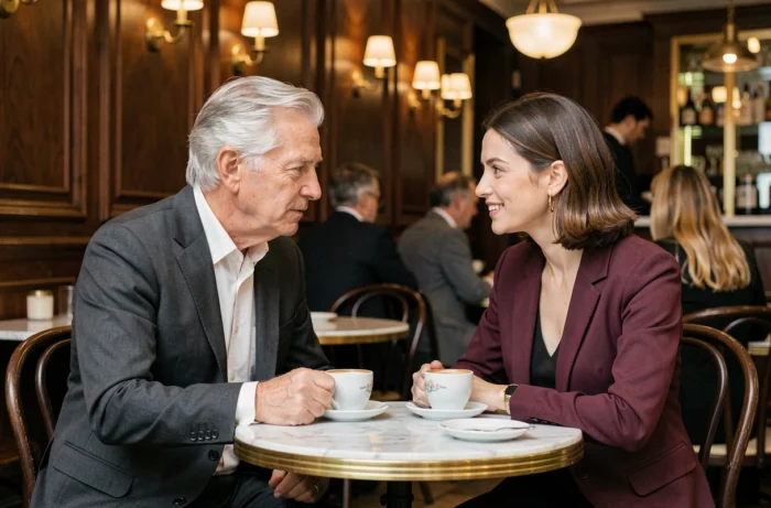 Michel Platini et Christelle Platini en conversation intime autour d'un café dans une brasserie parisienne