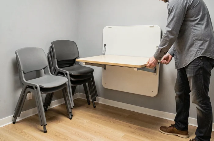 Petite salle de pause avec chaises empilables et table murale rabattable permettant d'optimiser l'espace disponible