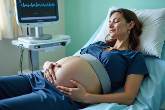 Femme enceinte de 37 semaines allongée avec une ceinture de monitoring fœtal, surveillance du rythme cardiaque du bébé en salle de maternité
