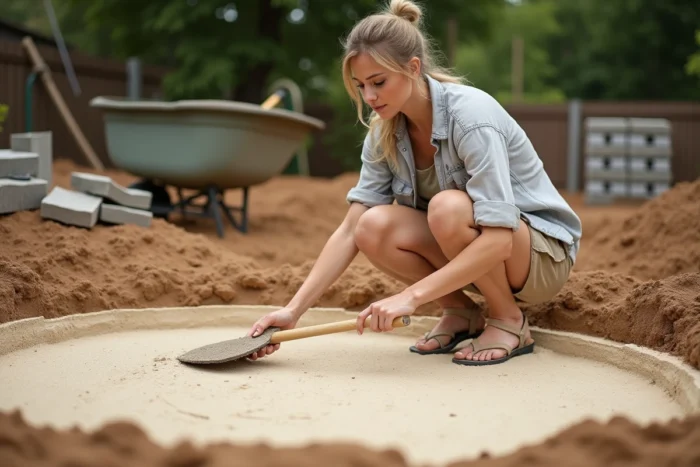 Femme nivelant une couche de sable pour la pose d'une piscine enterrée dans un jardin en travaux