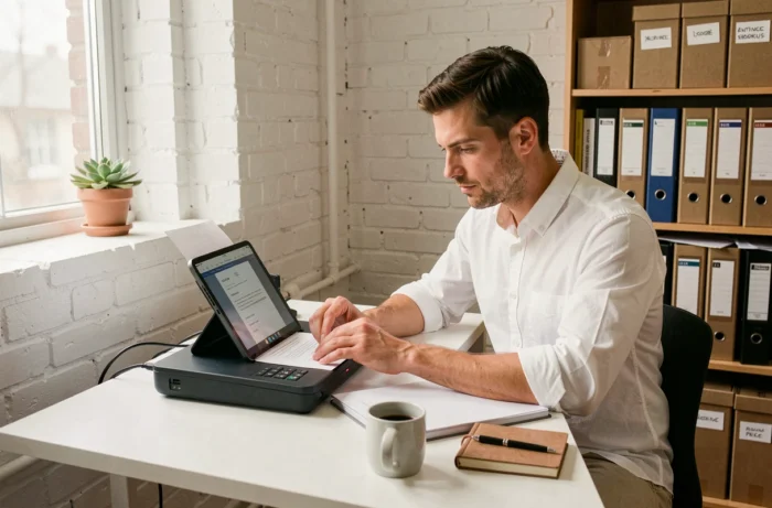 Homme numérisant des documents administratifs avec une tablette et un scanner portable dans un bureau à domicile organisé