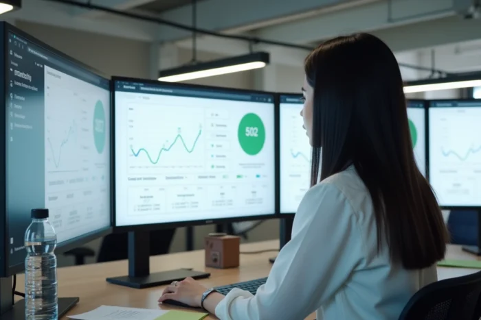 Une développeuse web analyse les Core Web Vitals et la vitesse de chargement sur un tableau de bord de performance web à grand écran