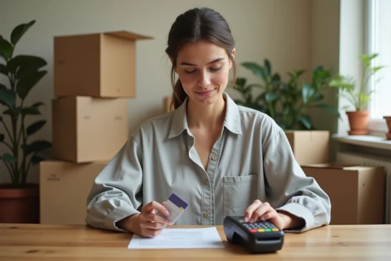 Femme payant un déménagement par carte bancaire sans contact dans un appartement en cours de déménagement