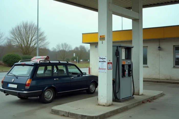 Station-service française avec panneau chèques acceptés affiché sur une pompe à carburant sur une route de campagne