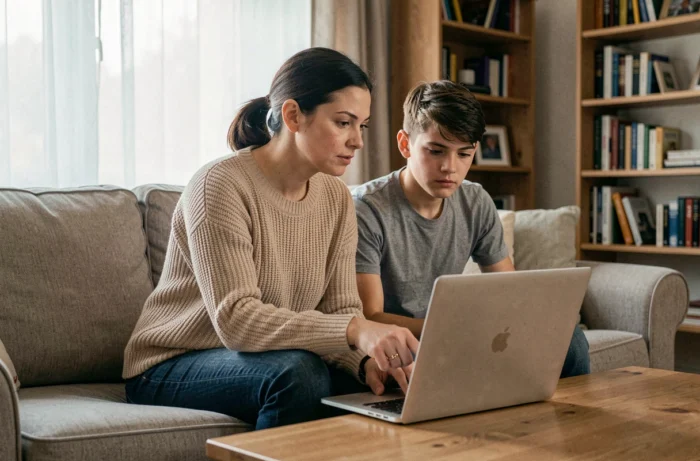 Parent et adolescent regardant ensemble un ordinateur portable pour aborder la sécurité en ligne et la protection des mineurs sur internet