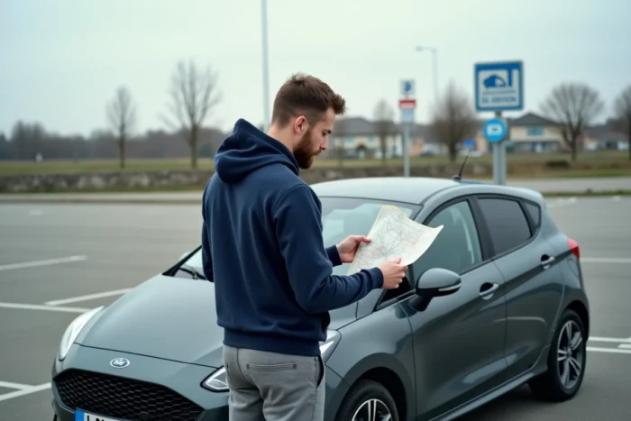 Homme consultant une carte près d'un parking relais gratuit en périphérie de Rennes