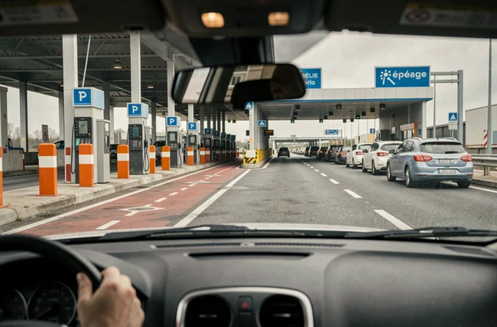 Péage d'autoroute française vu depuis l'habitacle d'un véhicule avec barrières et terminaux de paiement
