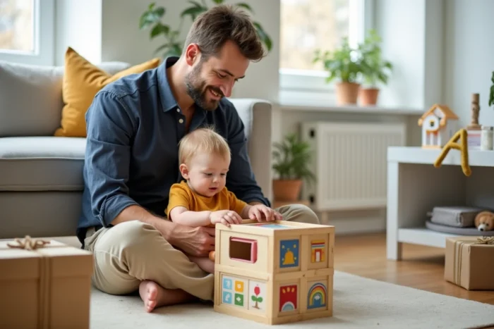 Père et bambin jouant avec un cube d'activités en bois parmi des cadeaux originaux dans un appartement moderne