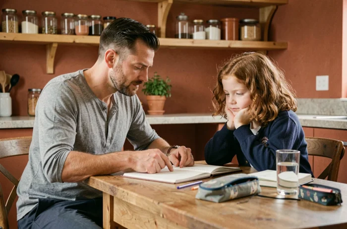 Père aidant sa fille à faire ses devoirs à la table de cuisine, moment clé de l'accompagnement parental