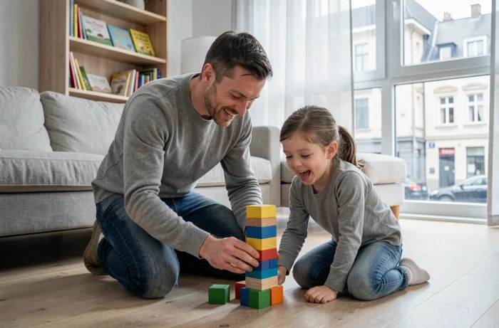 Père et fille jouant avec des blocs en bois dans un salon moderne au style scandinave