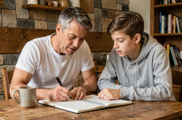 Père et fils attablés dans une cuisine familiale, discutant autour d'un carnet dans une atmosphère complice et chaleureuse