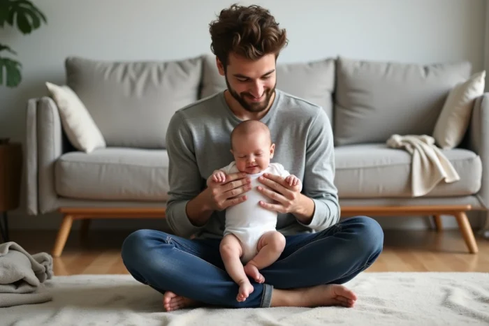Jeune père assis sur un tapis tenant son nouveau-né sur les genoux dans un salon familial chaleureux