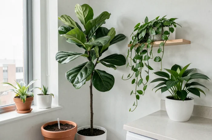 Coin de salle de pause avec plantes vivantes — figuier lyré, pothos et spathiphyllum — disposées près d'une fenêtre pour améliorer l'ambiance et la qualité de l'air