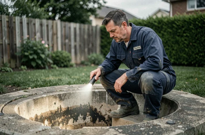 Plombier inspectant une fosse septique ancienne en béton ouverte dans un jardin résidentiel avec une lampe torche