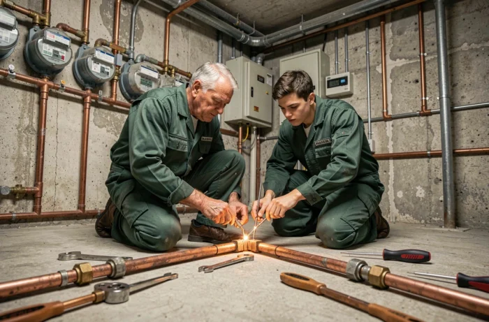 Deux plombiers travaillant ensemble dans une chaufferie d'immeuble résidentiel à Courbevoie