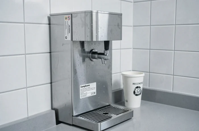 Fontaine à eau fraîche en inox installée dans une salle de pause avec étiquette de conformité réglementaire et porte-gobelets recyclé