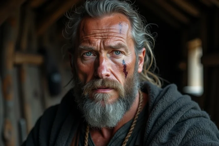 Portrait en gros plan d'un guerrier viking âgé aux yeux bleus perçants, bouche entrouverte prononçant ses dernières paroles, cicatrices de bataille visibles, rappelant la légende de Ragnar Lothbrok