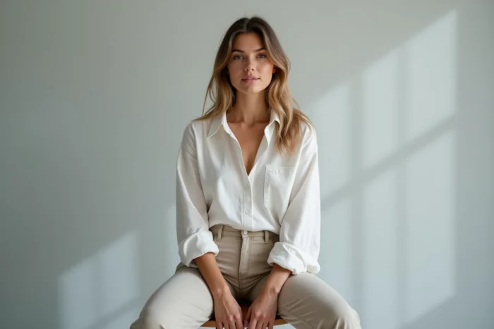Portrait en studio d'une jeune femme d'origine libanaise et américaine au regard confiant, représentant le profil biographique d'une personnalité publique influente