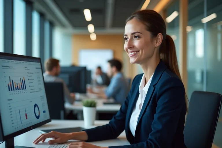 Une professionnelle en blazer marine consulte un tableau de bord CRM HubSpot sur son écran dans un bureau moderne en open space