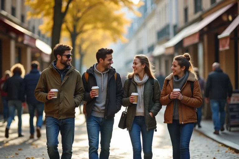 Groupe d'amis souriant et se promenant dans une rue piétonne de Cholet en automne