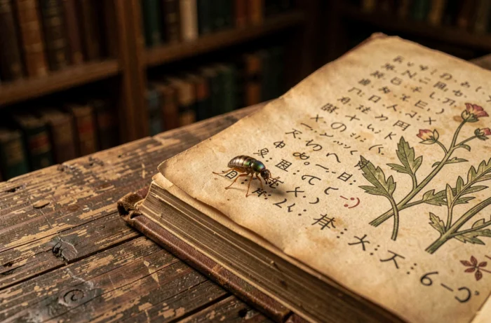 Puce insecte posée sur un livre ancien ouvert avec des symboles spirituels manuscrits dans une bibliothèque vintage