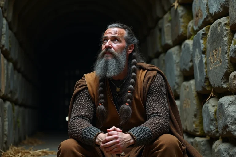 Guerrier viking Ragnar Lothbrok assis dans un cachot en pierre, regard contemplatif vers le ciel, portant une armure de cuir et cotte de mailles, derniers moments avant sa mort légendaire