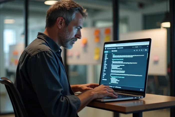 Un expert SEO rédige des balises title et meta description dans un éditeur HTML sur son laptop dans un bureau d'agence digitale