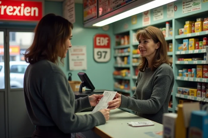 Femme remettant un chèque à une caissière dans une petite station-service française avec épicerie intégrée