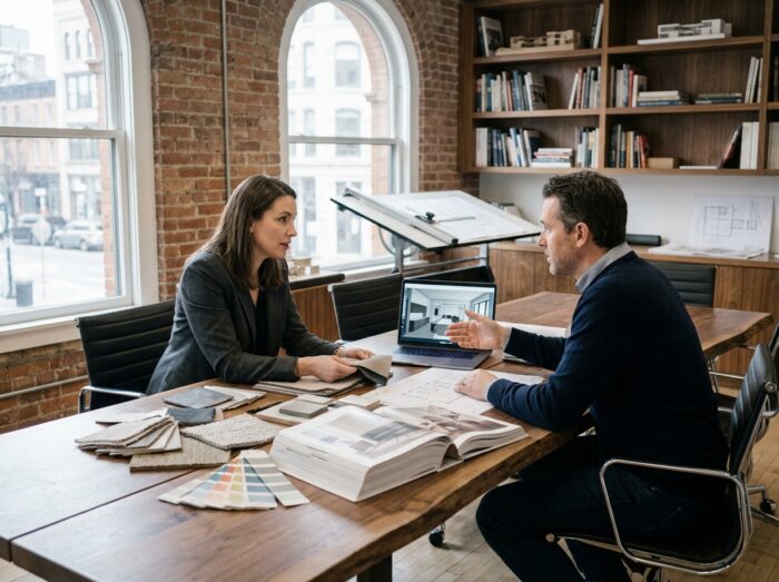 Architecte d'intérieur et designer en réunion autour d'échantillons de matériaux dans un bureau créatif
