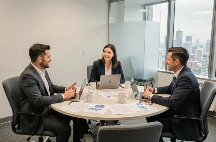 Équipe de professionnels discutant de stratégie d'entreprise autour d'une table de réunion