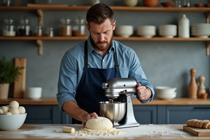 Homme utilisant un robot pâtissier sur un îlot de cuisine moderne entouré d'équipements de cuisine et d'ingrédients de pâtisserie