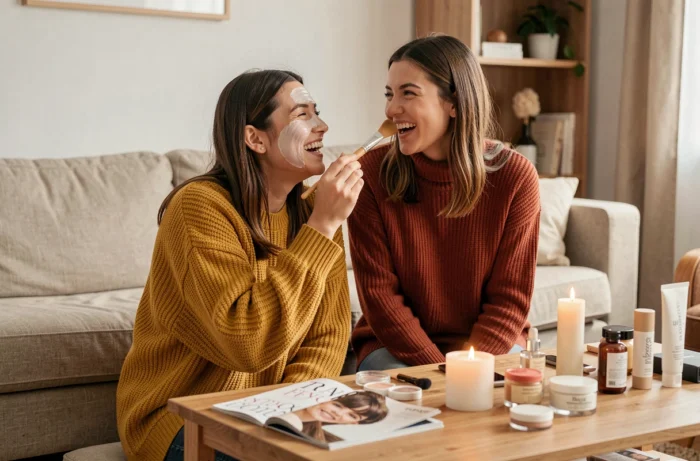 Deux femmes partageant un moment de routine beauté à domicile, l'une appliquant un masque visage à l'autre dans un salon chaleureux et décoré