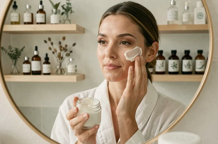Femme appliquant une crème bio sur son visage dans une salle de bain minimaliste avec des produits naturels en verre