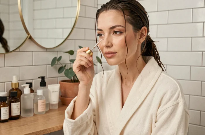 Femme appliquant un sérum de soin sur son visage devant une coiffeuse en bois avec des produits de beauté soigneusement disposés