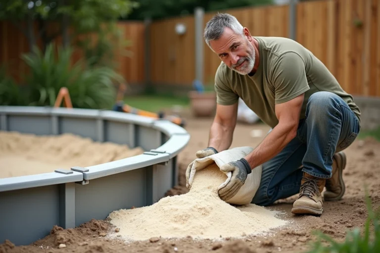 Ouvrier versant du sable siliceux sous une piscine hors-sol dans un jardin résidentiel