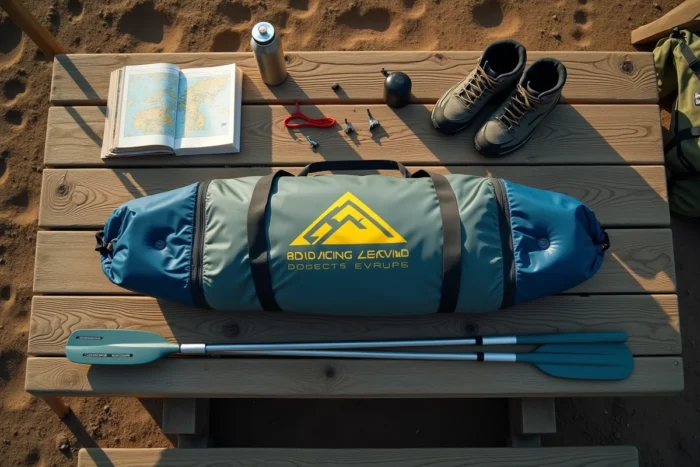 Kayak gonflable Advanced Elements Lagoon 1 rangé dans son sac de transport posé sur une table de pique-nique avec équipement de randonnée nautique