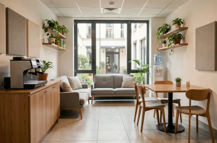 Salle de pause moderne et conviviale avec coin café, coin détente, plantes vertes et table à manger dans un bureau d'entreprise