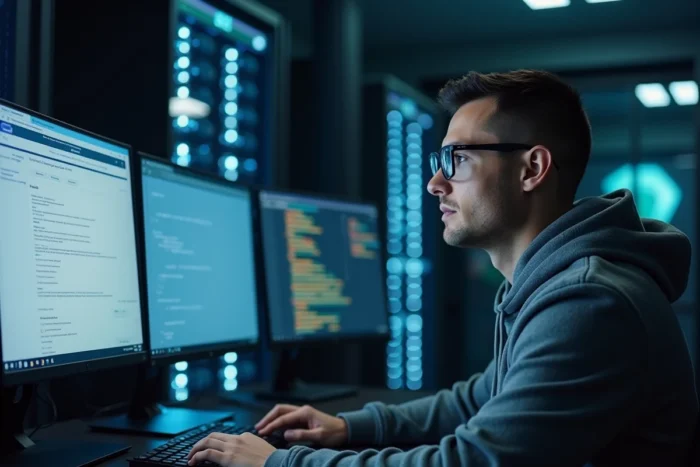 Un administrateur web vérifie le certificat SSL HTTPS et un fichier sitemap XML ouvert dans un éditeur de code sur deux moniteurs