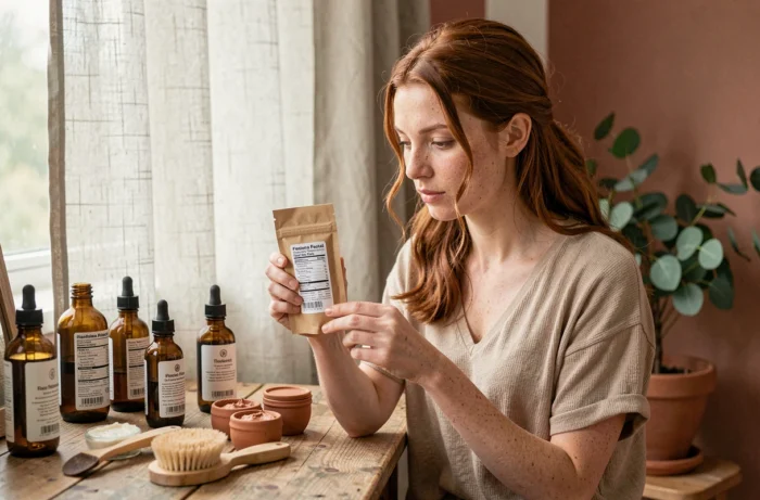 Jeune femme rousse lisant les ingrédients d'un produit de beauté bio sur une coiffeuse en bois naturel