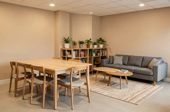Salle de pause avec coin repas et coin détente séparés par une étagère basse sans cloison, créant deux espaces distincts dans un espace ouvert