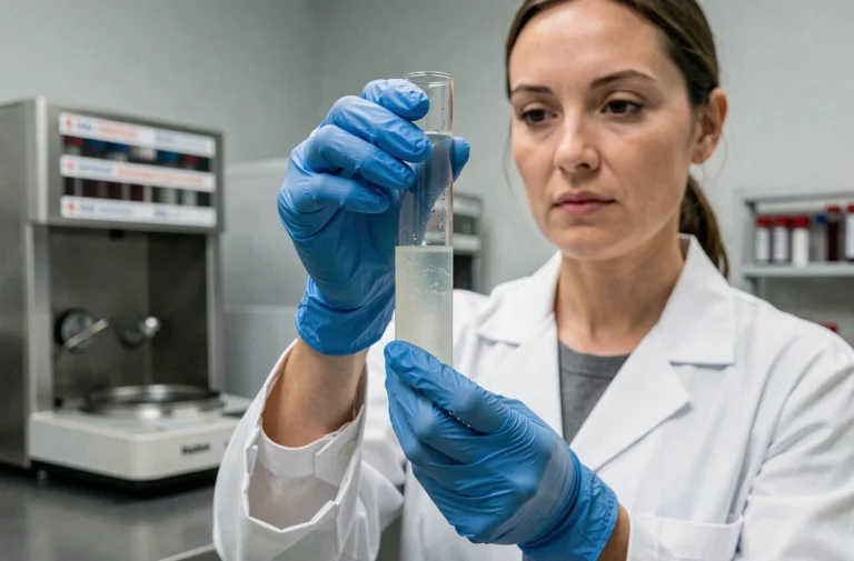 Technicienne de laboratoire tenant un tube contenant un sérum opalescent lors d'un bilan lipidique