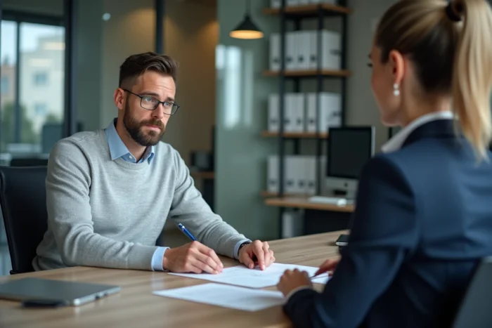 Homme signant un contrat de prêt immobilier avec une conseillère bancaire dans un bureau moderne